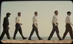 the four men walk down the beach together