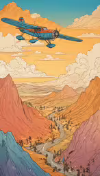 an old airplane flying above mountains during a sunset,a small blue plane flying through a cloudy sky