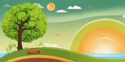 an illustration of a road going by a tree with a car driving down it,a car is driving in the countryside with a tree