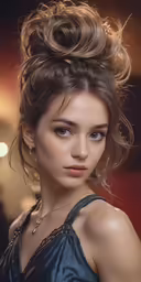 the girl is wearing a messy bun hairstyle