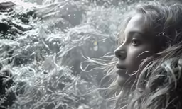 a woman in the background and snow falling from her hair