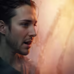 a man with hair pulled back and looking to his right