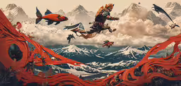 a person riding a horse in front of many fish,a photo made with computer graphics and the background is orange