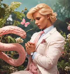 a woman in a white suit is next to a fake flamingo,a woman in a white suit and pink dress holding a flower