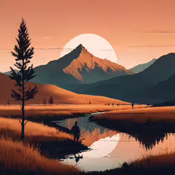 a painting shows an image of a man fishing in a lake, with the sun rising over mountains,a landscape with a person and a large mountain in the distance
