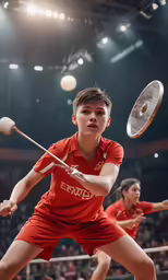 two men playing badminton in an arena