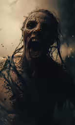 a demonic looking woman in the water with her mouth open