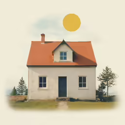 a house sitting in the middle of a field with a yellow ball flying over it