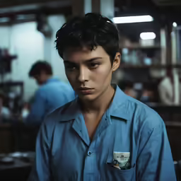 a man is staring while standing in the middle of a room