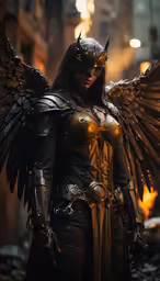 a woman dressed as an angel in a city at night
