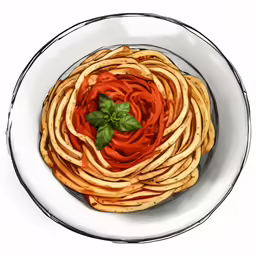 spaghetti with tomato sauce and basil on a white plate