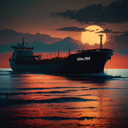 large ship at sunset with the moon in the distance,a large ship floating along a large body of water