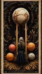 a little girl standing between a giant vase and other large balls