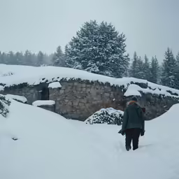a person is walking across a snowy field