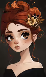 the illustration is a woman with red hair, a flower in her hair