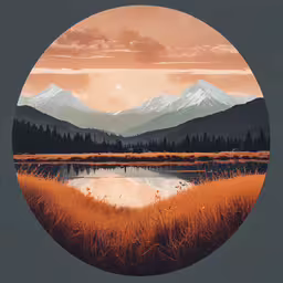 a painting of a grassy field with mountains,a landscape painting in an orange circle with mountains in the background
