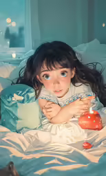 a girl is laying on a bed next to an apple and candle