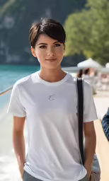 a woman stands near the ocean, posing for a photo