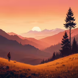 a man standing in a valley, watching the sun rise,there is a man that is walking on the hillside