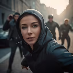 young women in hoodie standing near men walking on street