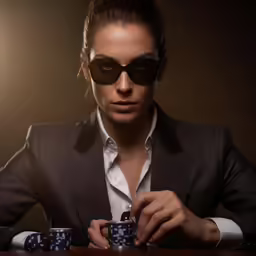 a woman holding onto a pair of cups on top of a wooden table
