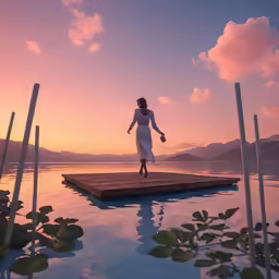 a woman in white standing on wooden dock with plants