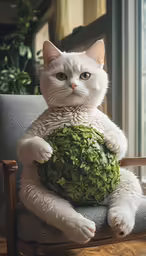 white cat sitting on a chair with a potted cabbage