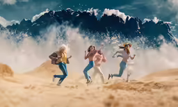 three women jump in the middle of a desert