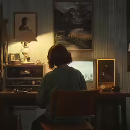 a man sits at a desk and looks at the screen with a large monitor