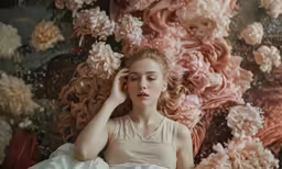 the lady sits on a white sheet beside pink flowers