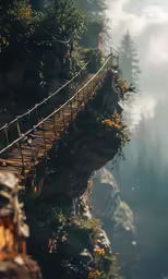a hanging bridge spans above a cliff covered in greenery