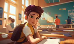 a cartoon girl sitting at a table with her hand on a paper