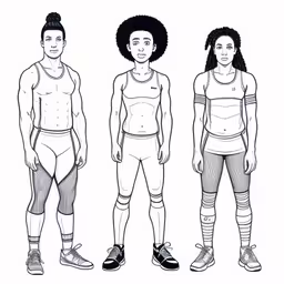 three people in different sport clothes,three different types of women in underwear,three men and woman in sports clothes,three sketches of a men