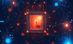 a graphic image showing someone in a virtual area that is surrounded by electronic components