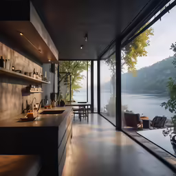 a kitchen is shown with two open shelves, and there are glass doors opening out to another room to view the lake