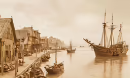 a vintage photo shows a row of houses and boats