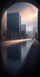 an empty city street is pictured through a tunnel