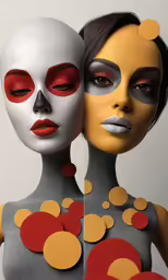 two mannequins dressed up with colored make - up