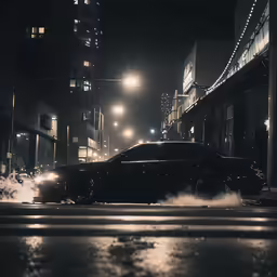 a car emits out of exhaust while on a street at night