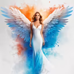 a woman in white dress with large blue and orange wings