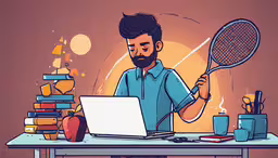 a man holding a tennis racket stands in front of a laptop computer,a man sitting in front of a laptop computer on top of a desk