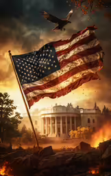 the flag is on fire by a building