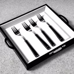 six knives and forks sitting inside of a case