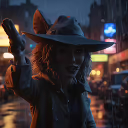a woman is in a large hat on a rainy night