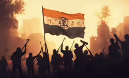 silhouetted protesters carrying flags, against an orange and white flag