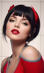 woman with black hair wearing red and gray