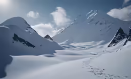 a snowy mountain range has footprints that are making a trail