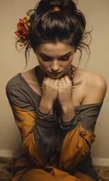 the young girl in an orange dress is sitting down