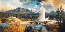 a scenic view of a geyser on a lake surrounded by mountains
