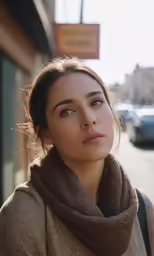 a woman standing outside, staring in the distance